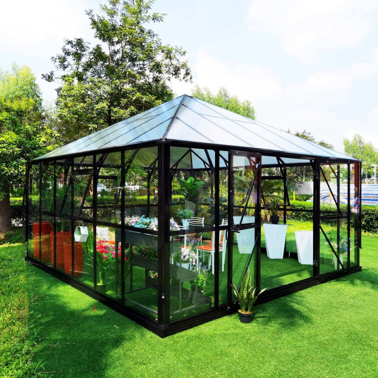 Metalcraft Kasvihuone Gazebo Premium, 19m², 4mm turvalasi, kennolevykatto,  musta 